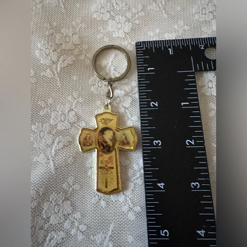 Religious Cross Keychain Padre Pio Gold Tone Medal Keychain